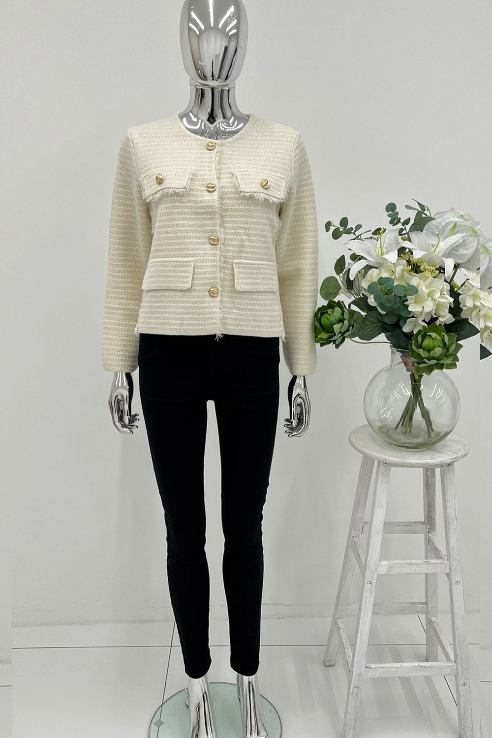 Round Neck textured button-front knit cardigans