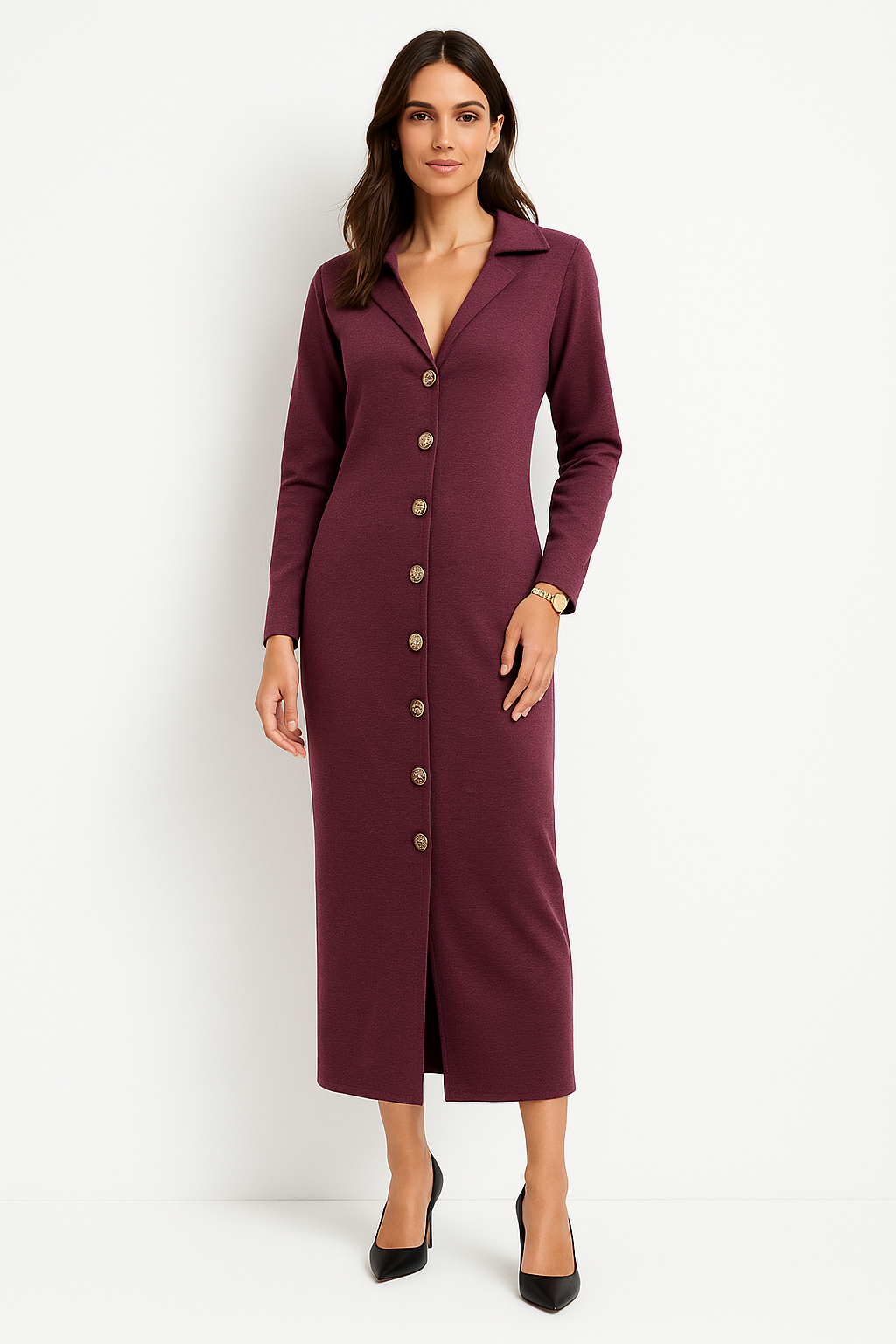 Collared, V-Neck, Golden Broach Detailed, Side Ruched & Front Split Hem Detailed Dress