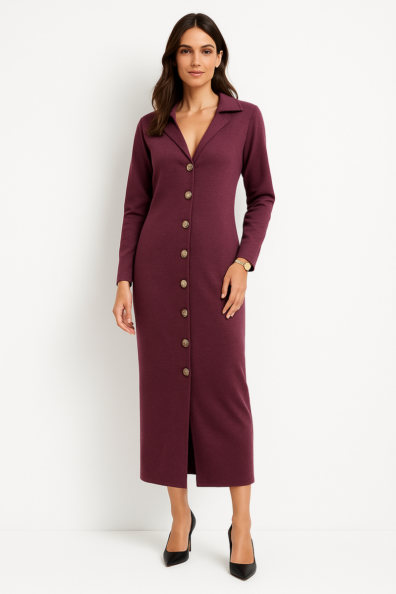 Collared, V-Neck, Golden Broach Detailed, Side Ruched & Front Split Hem Detailed Dress