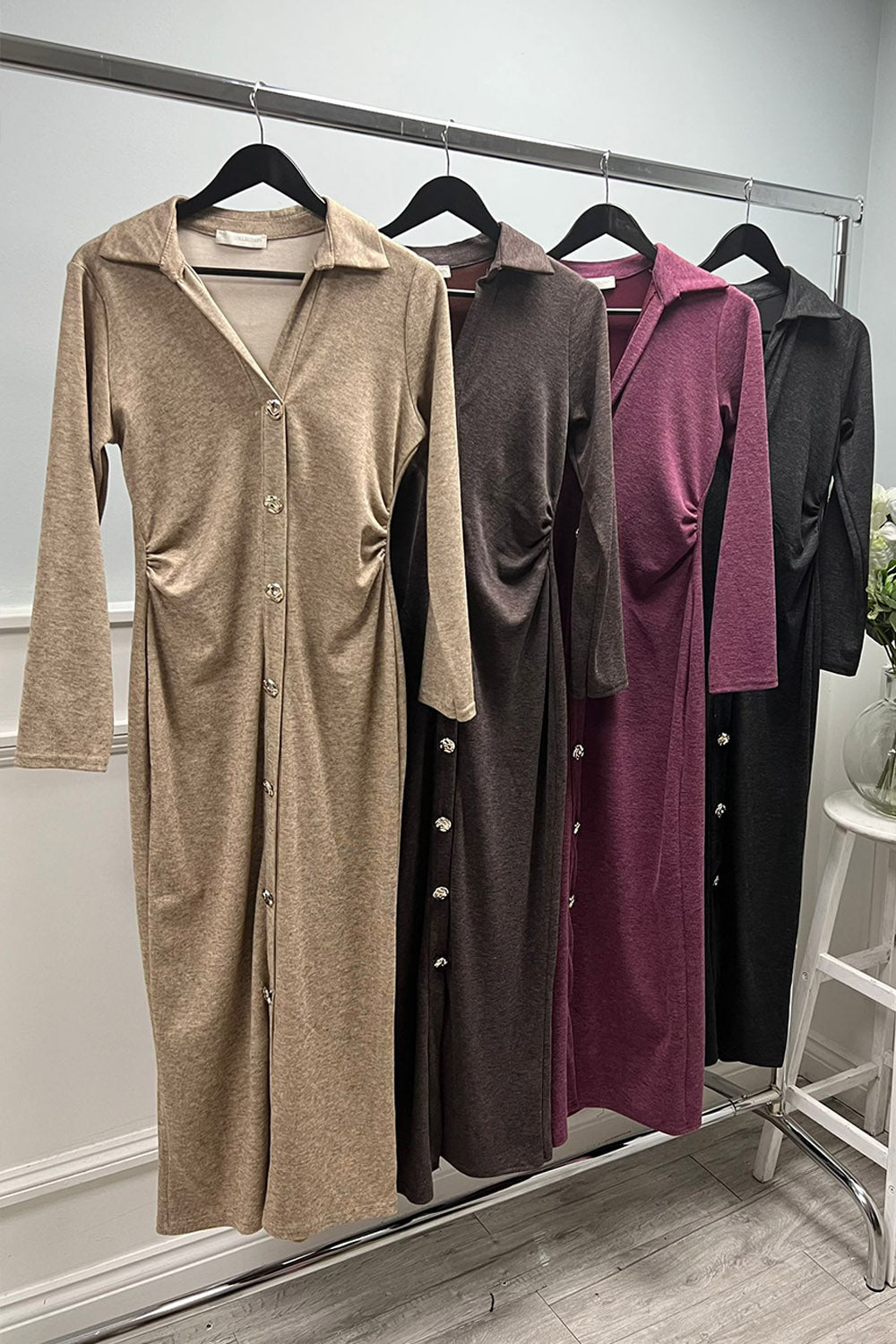 Collared, V-Neck, Golden Broach Detailed, Side Ruched & Front Split Hem Detailed Dress