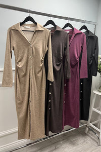 Collared, V-Neck, Golden Broach Detailed, Side Ruched & Front Split Hem Detailed Dress