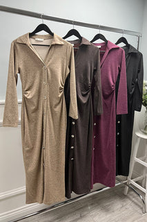 Collared, V-Neck, Golden Broach Detailed, Side Ruched & Front Split Hem Detailed Dress