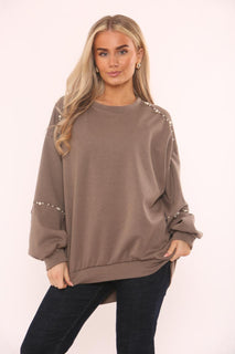 Round Neck, Pearl Detailed, Fleece Lined, High Low Top