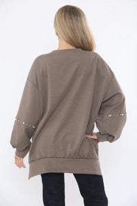 Round Neck, Pearl Detailed, Fleece Lined, High Low Top