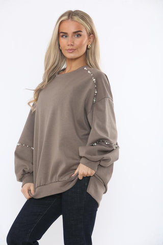 Round Neck, Pearl Detailed, Fleece Lined, High Low Top