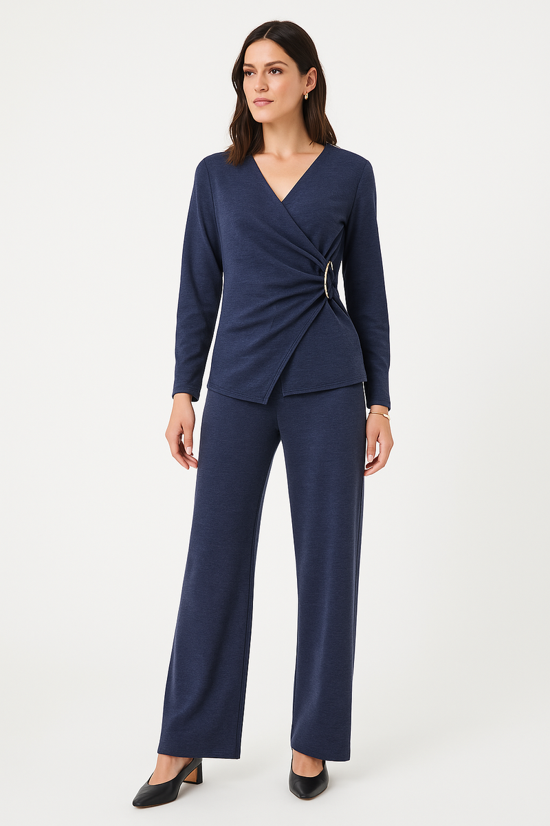 Navy Co-ord Set – Wrap Top with Wide-Leg Pants