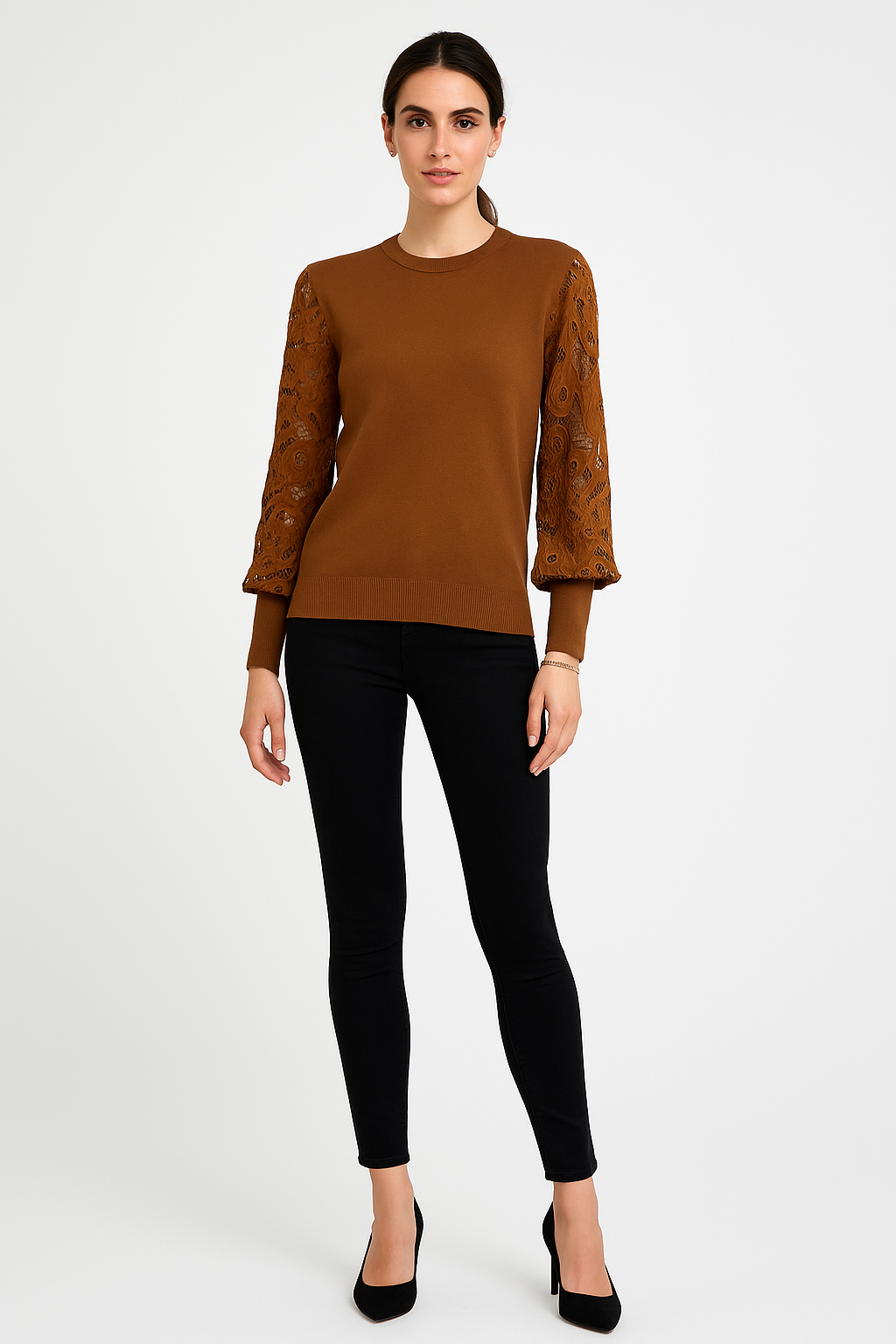 Round Neck, Crochet Embroidery Sleeve Detailed, Viscose, Polymide & Modal Detailed Jumper.