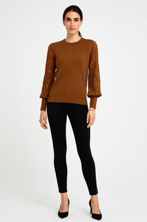 Round Neck, Crochet Embroidery Sleeve Detailed, Viscose, Polymide & Modal Detailed Jumper.