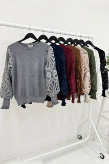 Round Neck, Crochet Embroidery Sleeve Detailed, Viscose, Polymide & Modal Detailed Jumper.