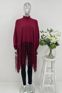 High neck Relaxed fit , fringe poncho