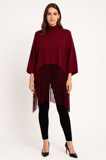 High neck Relaxed fit , fringe poncho