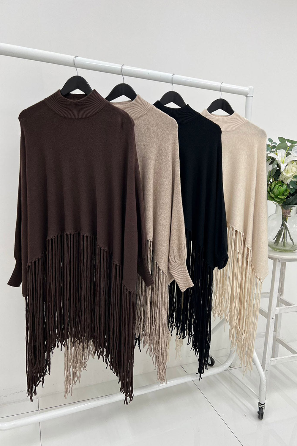 High Neck, Tessel Detailed, Viscose & Modal Knitted Poncho