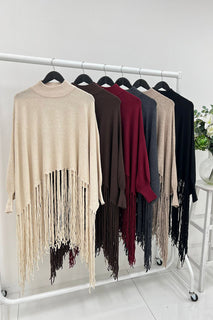 High neck Relaxed fit , fringe poncho