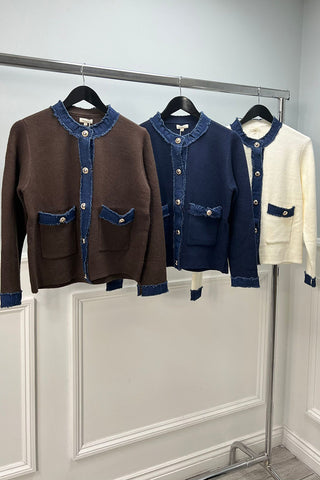 Denim Trim Detailed, Two Pocket Viscose Knitted Cardigan