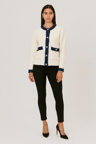 Denim Trim Detailed, Two Pocket Viscose Knitted Cardigan