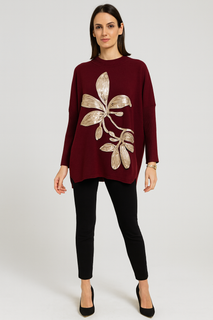 Oversized high round neck Jumper with large metallic floral design