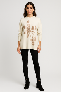 Oversized high round neck Jumper with large metallic floral design