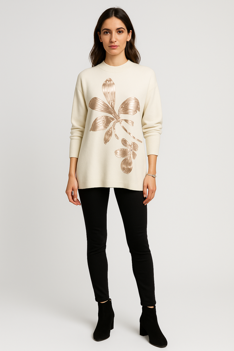 Oversized high round neck Jumper with large metallic floral design