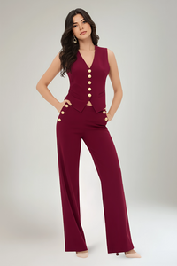 V Neck Ribbed, Gold Button Detailed, Waistcoat suit
