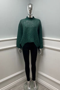 High Neck, Diamanté Studded, High Low Batwing Jumper