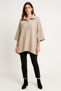 Oversized , soft woollen textured , wide sleeves jumper with half-zip collar