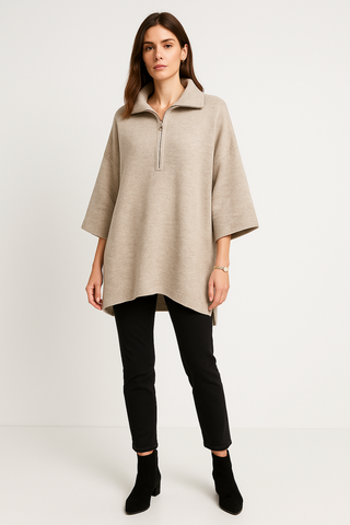 Oversized , soft woollen textured , wide sleeves jumper with half-zip collar