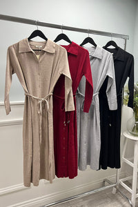 soft grey button-down knit dress with a tie waist
