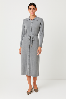 soft grey button-down knit dress with a tie waist