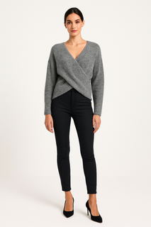 Gold Bracelet Sleeve Detailed, Lana Wool &amp; Viscose Knitted Wrap-over Jumper.