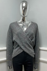 Gold Bracelet Sleeve Detailed, Lana Wool &amp; Viscose Knitted Wrap-over Jumper.