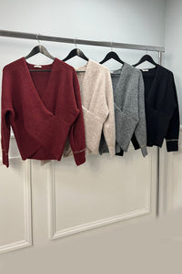 Gold Bracelet Sleeve Detailed, Lana Wool & Viscose Knitted Wrap-over Jumper.