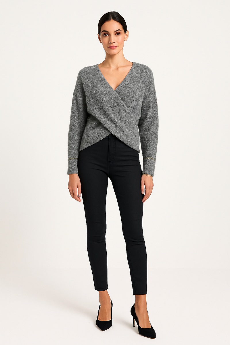 Gold Bracelet Sleeve Detailed, Lana Wool &amp; Viscose Knitted Wrap-over Jumper.