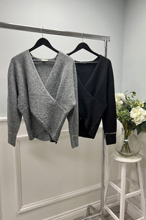 Gold Bracelet Sleeve Detailed, Lana Wool & Viscose Knitted Wrap-over Jumper.