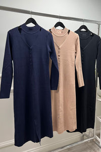 navy midi dress with button detailing and a high-neck cutout design