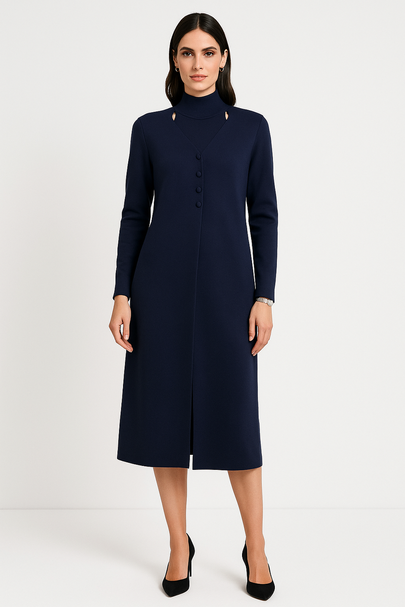 navy midi dress with button detailing and a high-neck cutout design