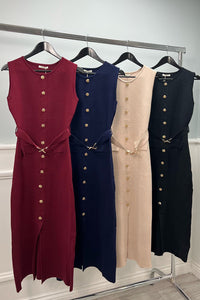 sleeveless gold button detailing and a belted waist with a heart-shaped buckle Midi Dress
