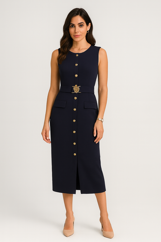 sleeveless gold button detailing and a belted waist with a heart-shaped buckle Midi Dress