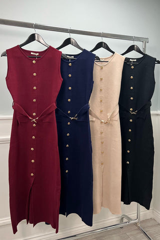 sleeveless gold button detailing and a belted waist with a heart-shaped buckle Midi Dress