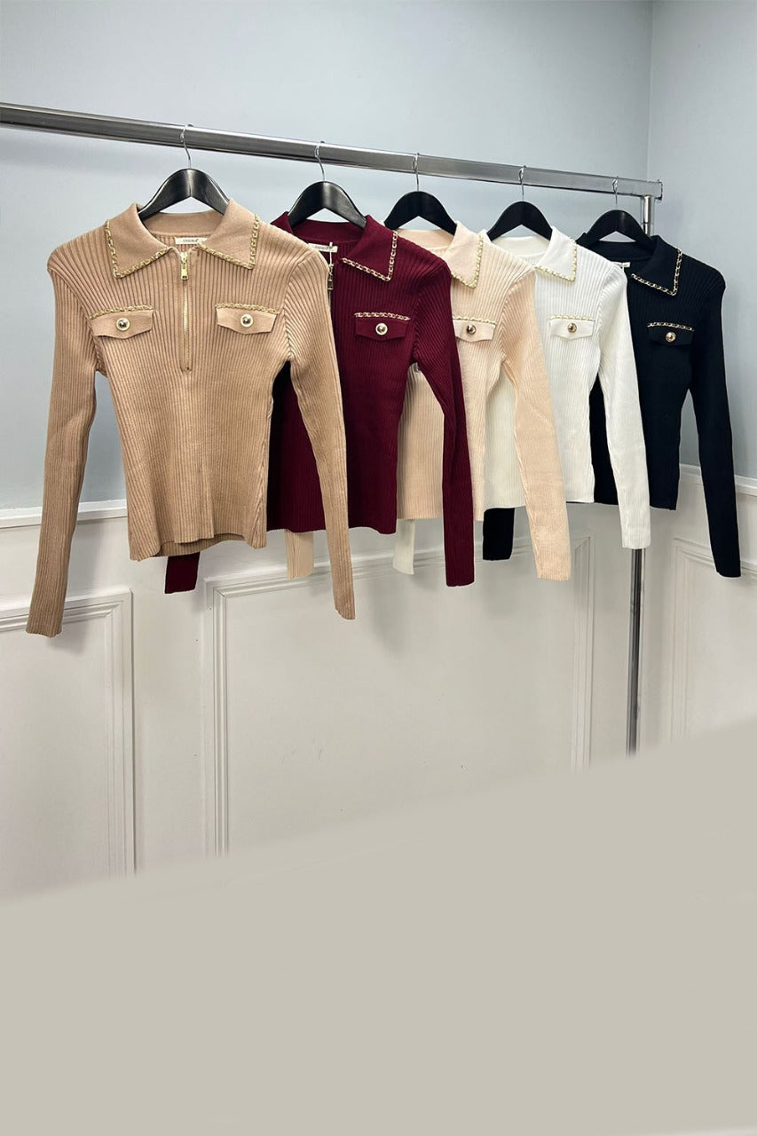 Zip & Chain Collared Detailed, Viscose & Polymide Knitted, Ribbed Crop Jumper