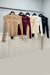 Zip & Chain Collared Detailed, Viscose & Polymide Knitted, Ribbed Crop Jumper