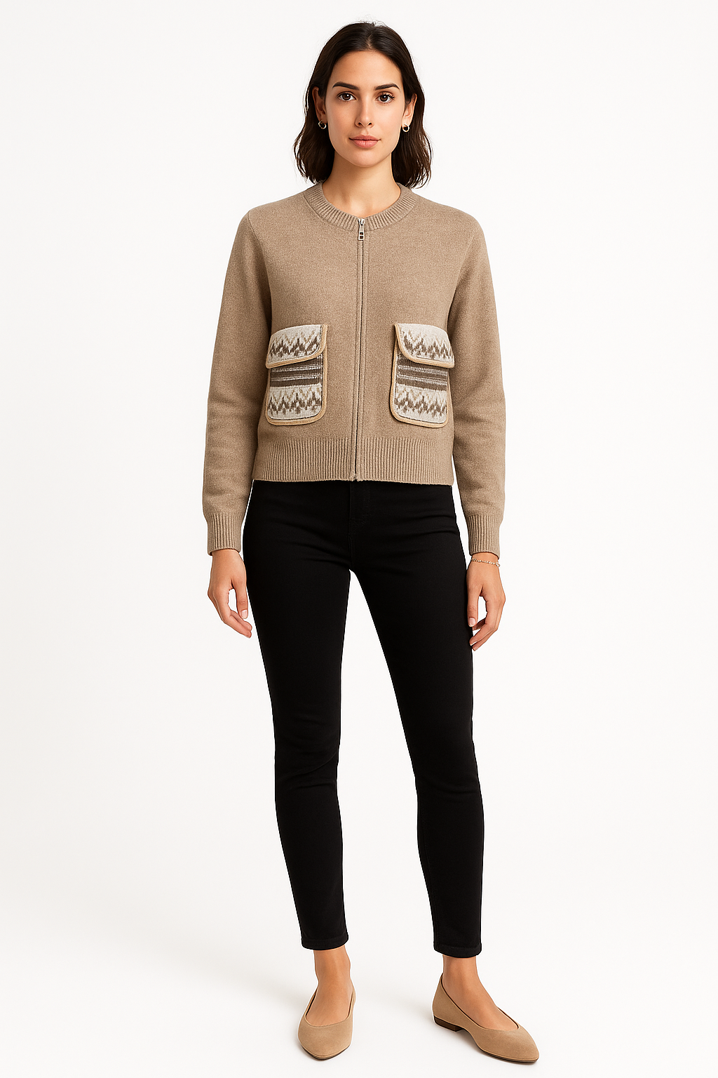 Zip Through, Lana Wool, Acrylic & Polymide Knitted, Two Pocket Cardigan