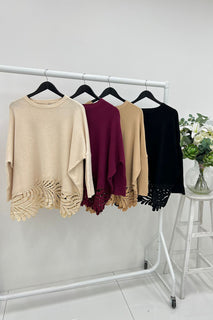 Laser-Cut Hem Jumper with crew neckline