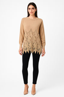 Beige Lace-Detail Knit Sweater with elegant lace detailing