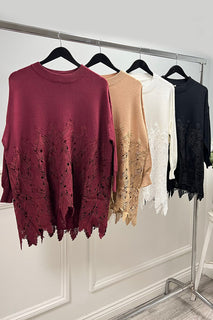 Beige Lace-Detail Knit Sweater with elegant lace detailing