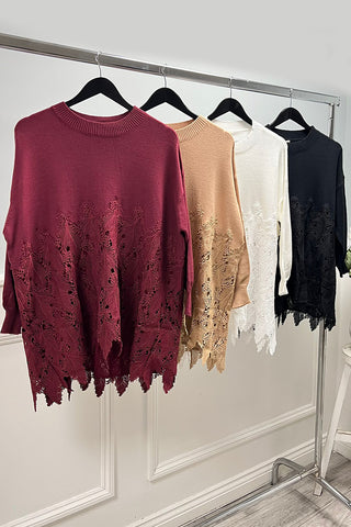 Beige Lace-Detail Knit Sweater with elegant lace detailing