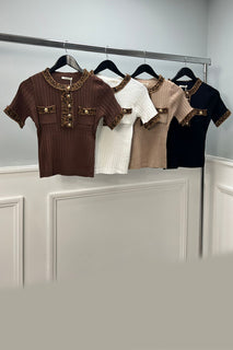 fitted , ribbed texture Jumper with  leopard print trim, gold-tone buttons