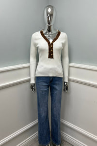 Leopard Print Trim & Golden Button Detailed, 100% Viscose, Ribbed Knitted Jumper