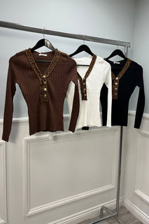 Leopard Print Trim & Golden Button Detailed, 100% Viscose, Ribbed Knitted Jumper