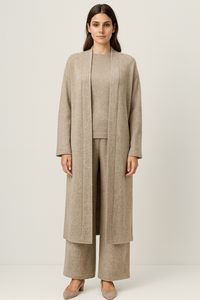 High Neck, Collared, Viscose, Polymide & Acrylic Knitted, Elasticated Waist, Wide Leg Three Piece Set