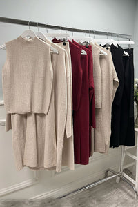 High Neck, Collared, Viscose, Polymide & Acrylic Knitted, Elasticated Waist, Wide Leg Three Piece Set